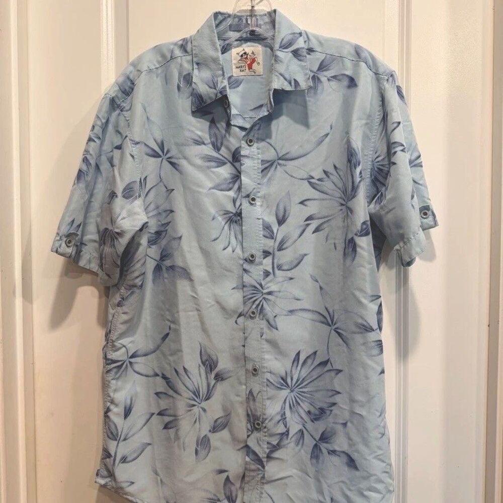 Marti Kat Hawaiian Button Up Shirt Mens Large Blue Floral Short Sleeve Beach